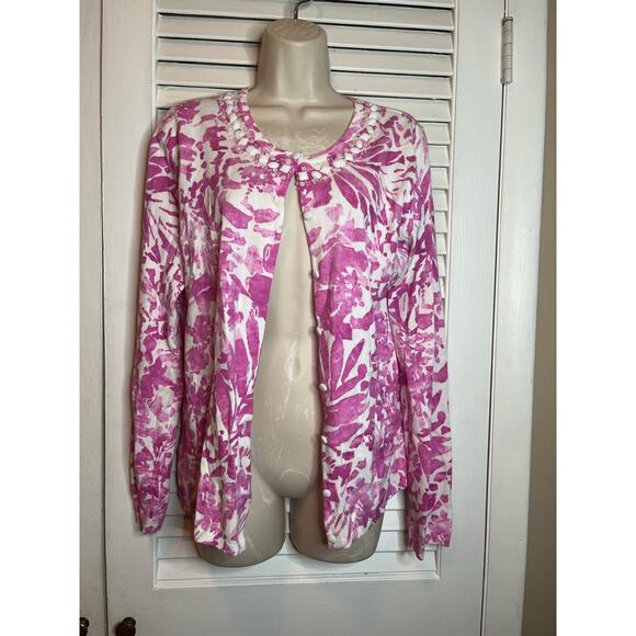 Susan Bristol hot pink white embellished‎ neckline cardigan L avant garde  retro - Picture 1 of 7